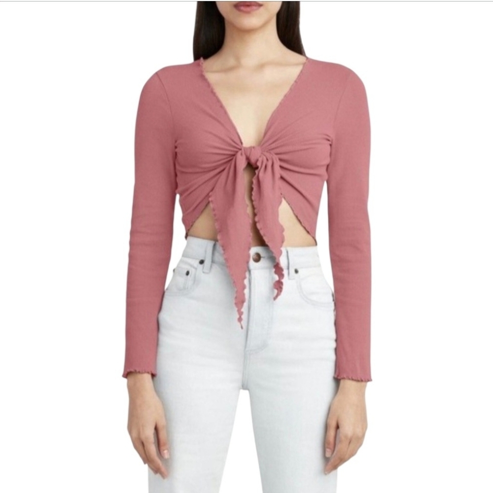 BCBGeneration Tie Front Cropped Top Mauve NWT Longsleeve MED Ribbed